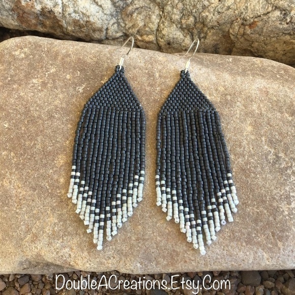 DARK Gray With Light Gray Tips Handmade Beaded Earrings,New, Handmade by Me - Picture 1 of 8